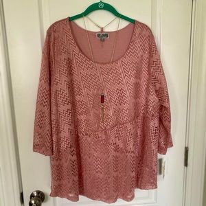 Pink JM Collection Lacy Blouse with Necklace 3X